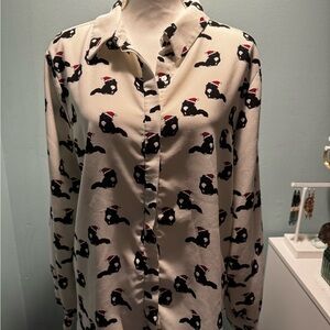 MOD CLOTH retro vintage Cat Print Button-Up Blouse WOMENS XL